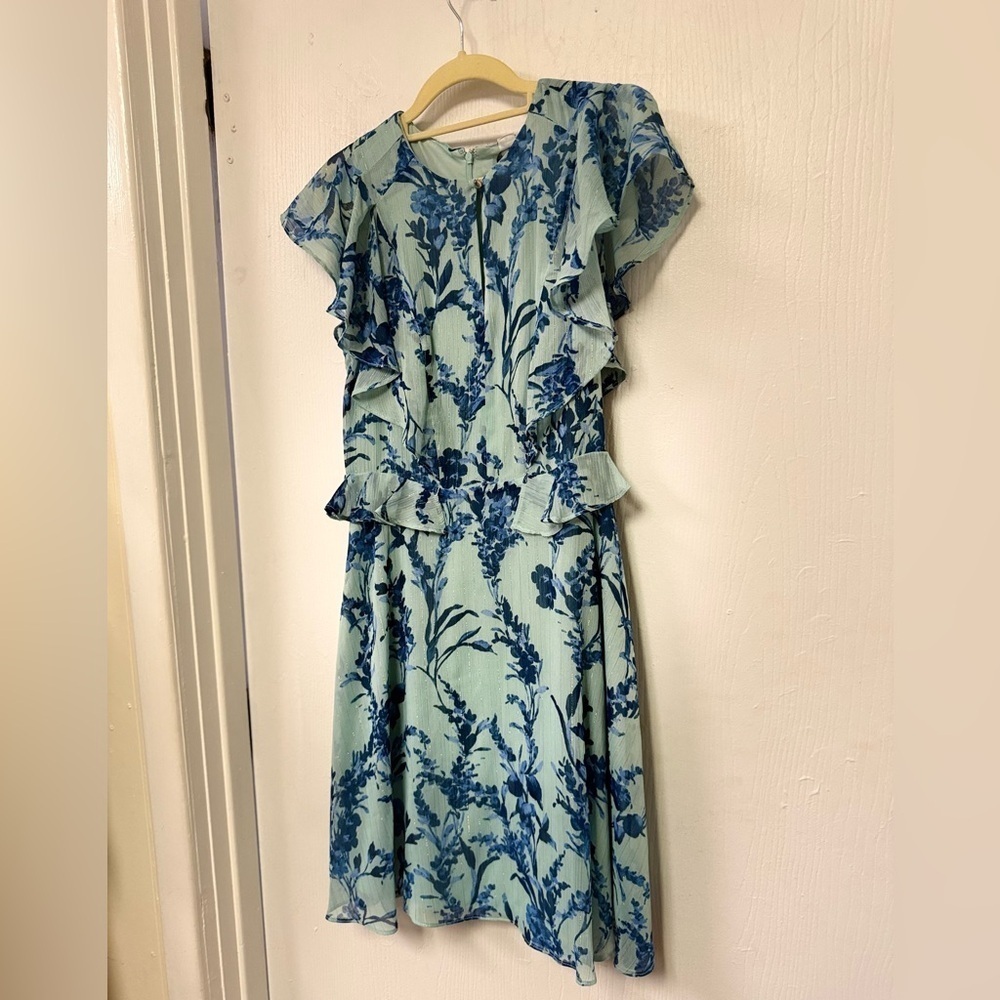 Blue Floral Ruffle Mini Dress Flutter Sleeve Garden Party Brunch NEW NWT 6P $129 - Picture 4 of 8